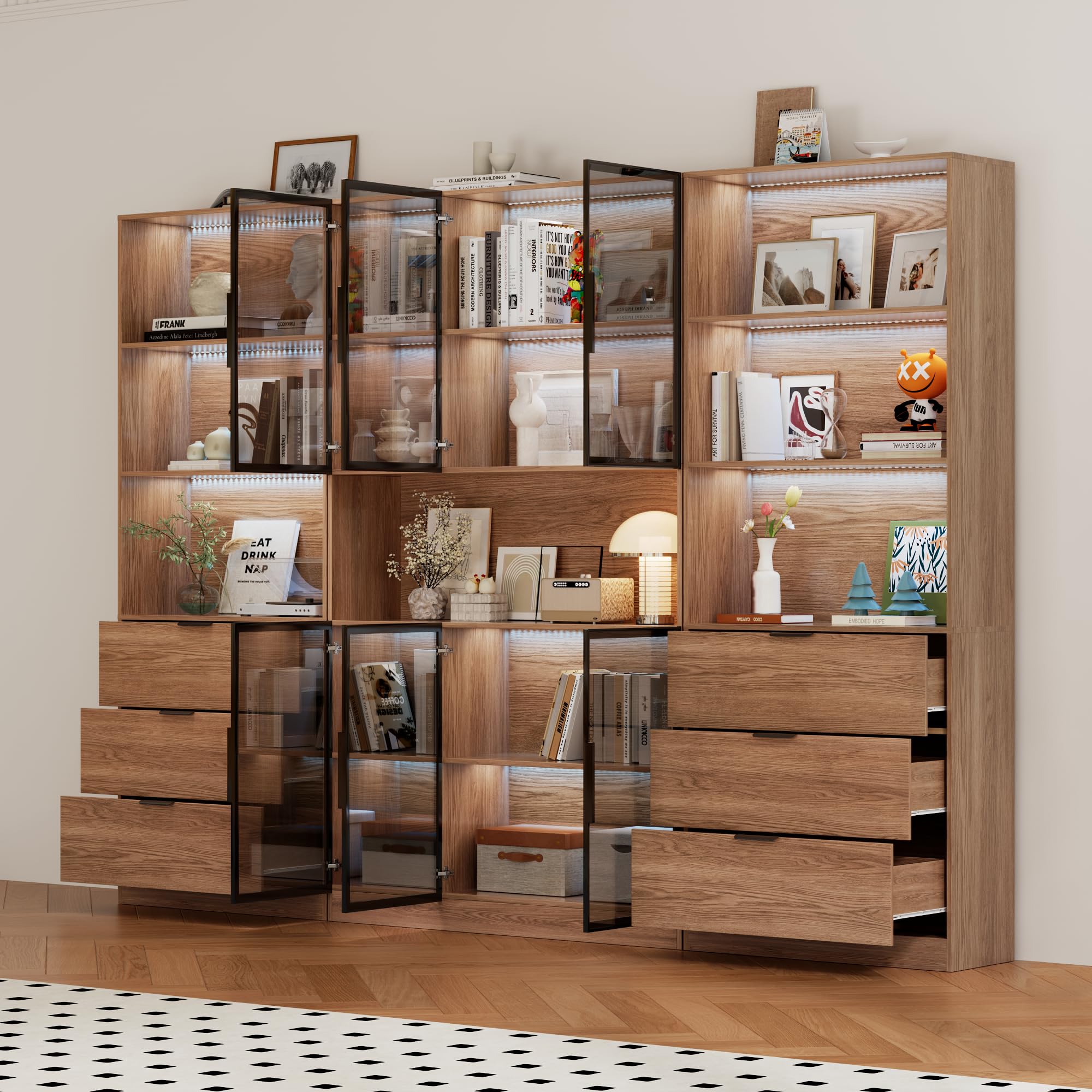 78.7" H Tall Bookcase Storage Cabinet with LED Lights and Drawers, 5 Tier Wood Storage Shelves with Glass Doors, Expandable Bookshelf Display Cabinet for Living Room, Home Office (A+C+A)