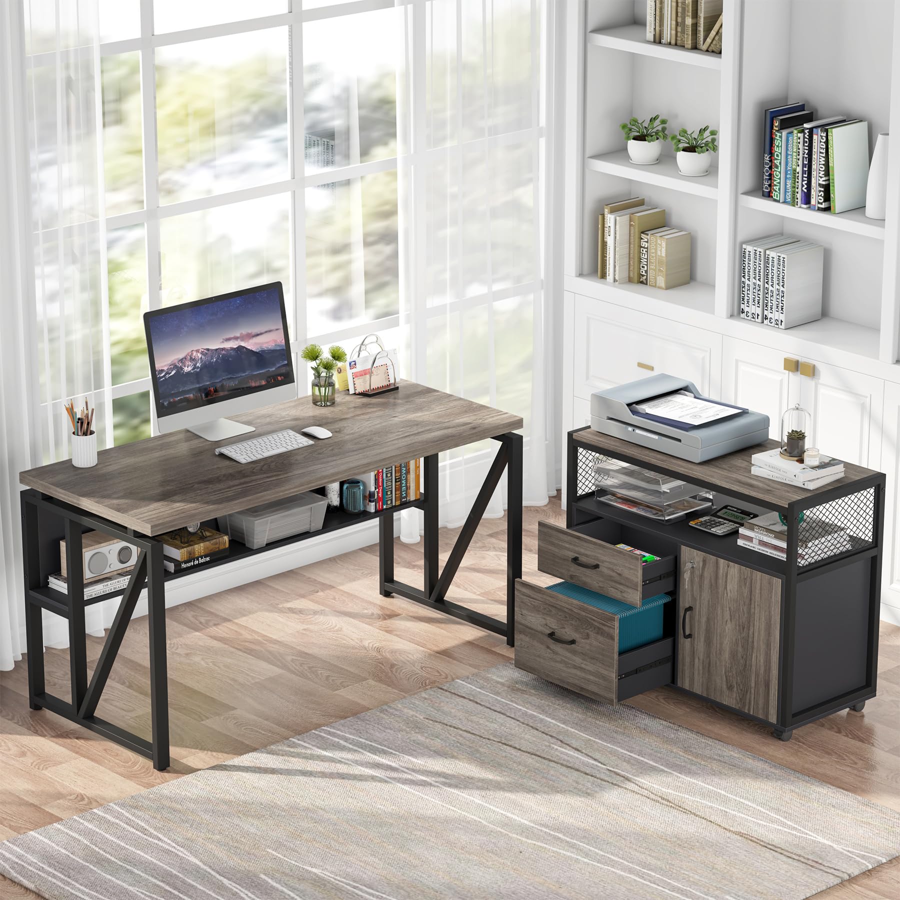 55" L Shaped Computer Desk and lateral File Cabinet with Locks, 2 Piece Home Office Furniture Set for Hanging