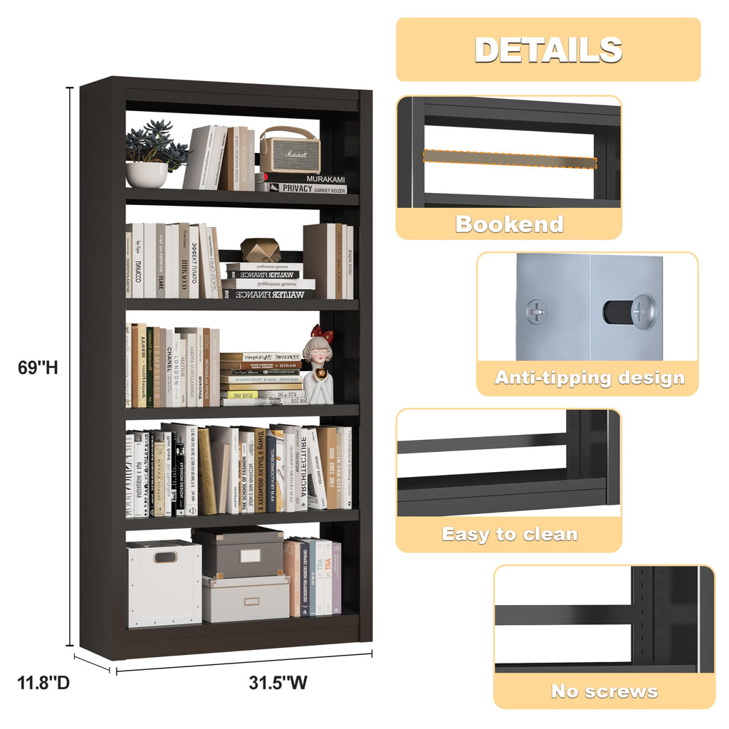 5 Tier Metal Bookshelf,69'' Tall Heavy Duty Bookcase with Adjustable Shelves,Black Large Modern Bookshelves,Industrial Open Bookcases for Library,Office,Study Room,Living Room