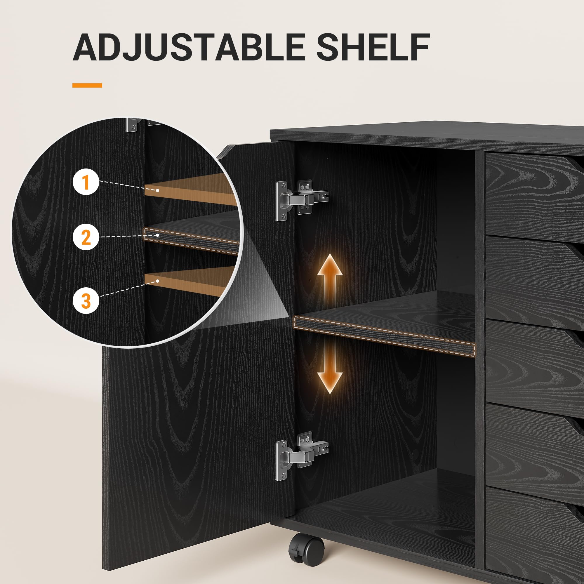 5-Drawer Wood Drawer Cabinet, Office Storage Cabinet, Black