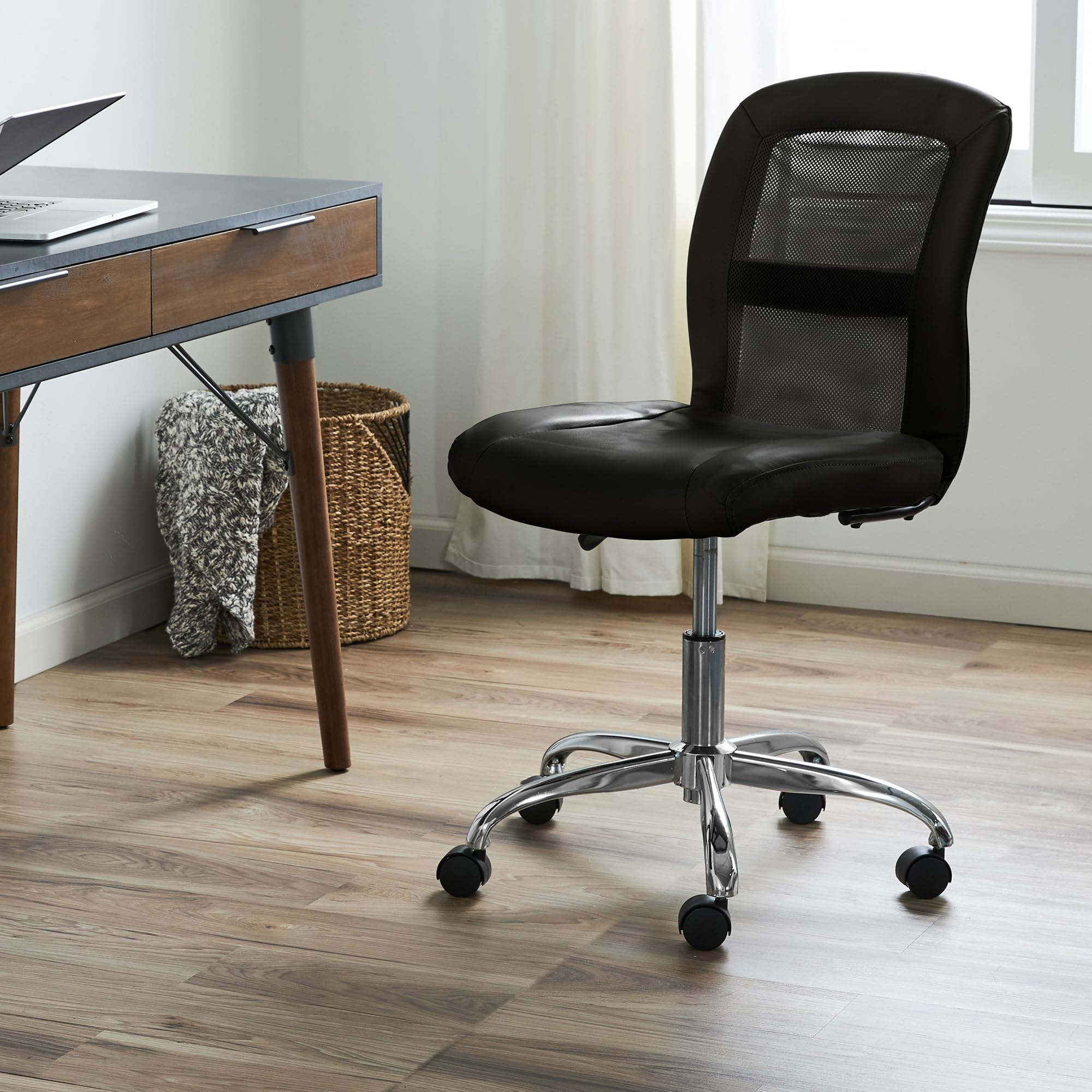 Essential Armless Chair, Small Desk Chairs with Wheels, Breathable Mesh Back and Faux Leather, Quality Foam Cushion Seat for Comfort, Minimal Design for Vanity Table, Black