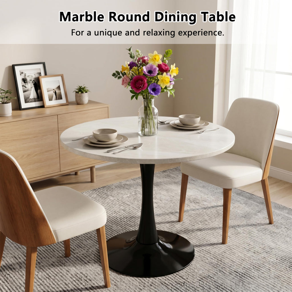 Sybrioka 27.6" Marble Round Tulip Table, Mid-Century Modern Style Dining Table with Black Pedestal Base for 2-4 People, Featuring A Marble Tabletop for Kitchen, Dining Room, Cafe (Grayish White)