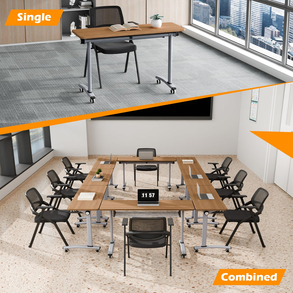 Conference Room Tables White,Folding Rectangular Flip Top Conference Table with Wheels for Large Meeting Seminar Home Office Classr (4, Little Oak, 47.2 * 15.7in)