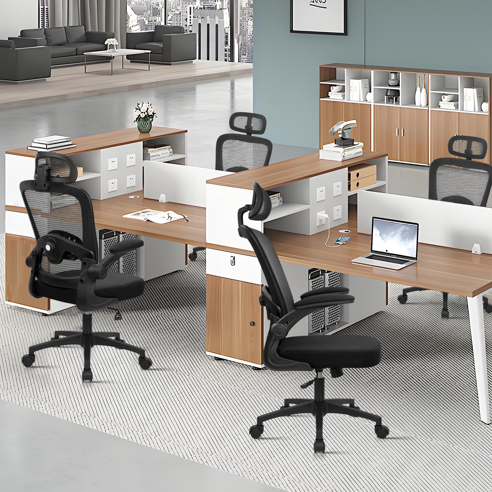KLASIKA Home Office Desk Chair with Flip Up Armrests, Mesh Back Chair with Adjustable Height Lumbar Support and Headrest, Ergonomic Computer Task Chair for School, Conference, Black(8PK)