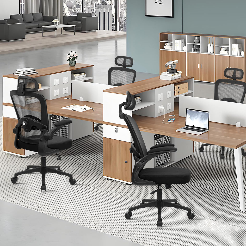 Desk Chairs with Wheels, Ergonomic Mesh Back Home Office Chair with Headrest, Adjustable Lumbar Support Swivel Rolling Computer Chairs with Flip Up Armrests for Conference Meeting Room, Black