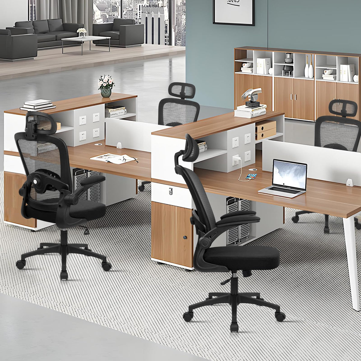 Desk Chairs with Wheels, Ergonomic Mesh Back Home Office Chair with Headrest, Adjustable Lumbar Support Swivel Rolling Computer Chairs with Flip Up Armrests for Conference Meeting Room, Black