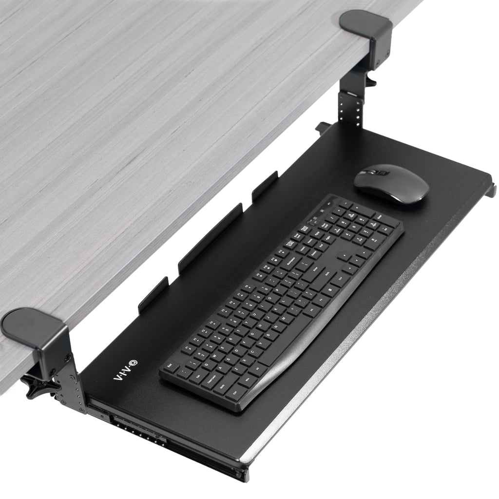 Large Height Adjustable Under Desk Keyboard Tray, C-clamp Mount System, 27(33 Including Clamps) x 11 inch Slide-Out Platform for Typing, Black