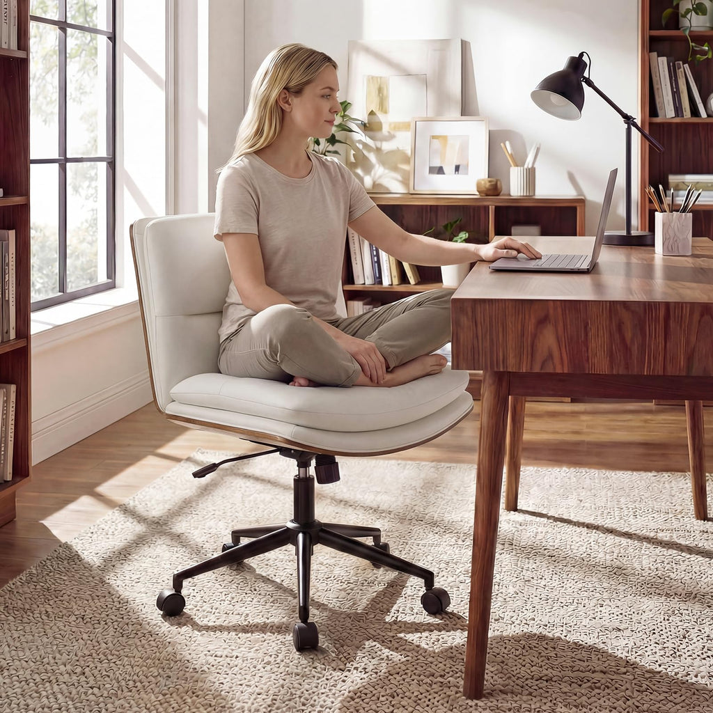 Armless Office Chair with Wheels, PU Leather Height Adjustable Vanity Chair w/Curved Backrest, Mid-Back Criss Cross 360° Swivel Ergonomic Computer Desk Chair for Home Office & Bedroom (White)