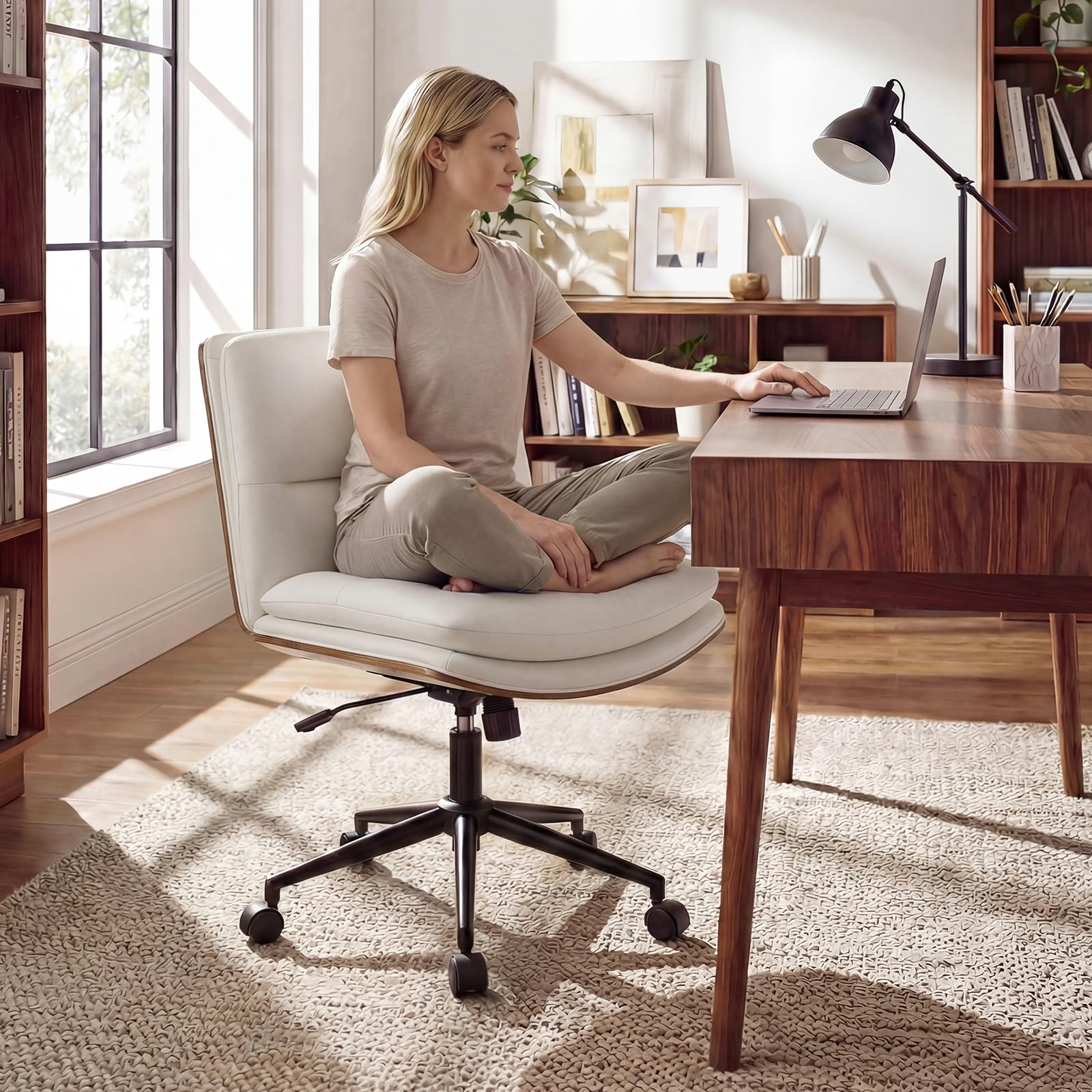 Armless Office Chair with Wheels, PU Leather Height Adjustable Vanity Chair w/Curved Backrest, Mid-Back Criss Cross 360° Swivel Ergonomic Computer Desk Chair for Home Office & Bedroom (White)