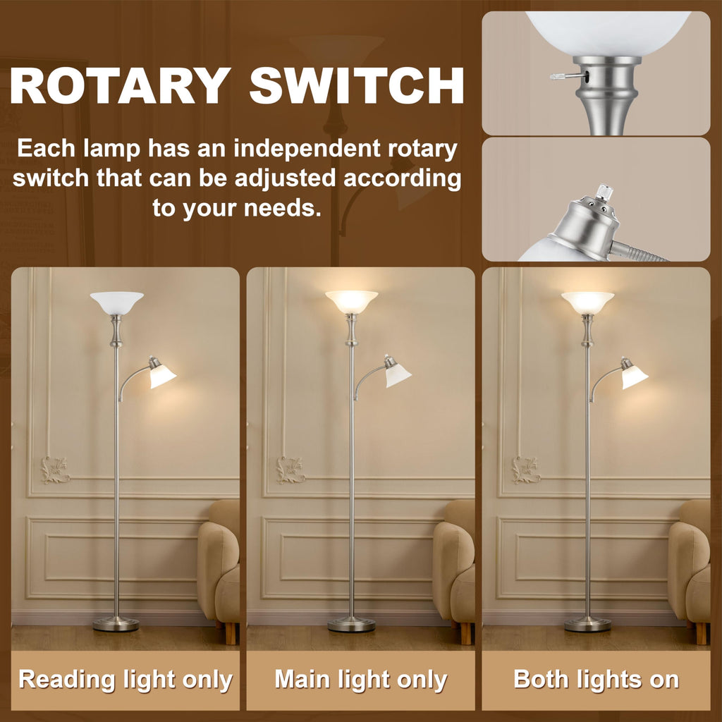 Torchiere Silver Floor Lamp with Adjustable Angle Reading Lamp-71IN