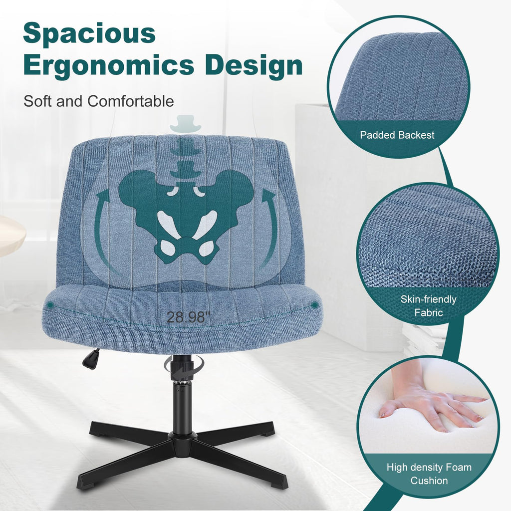 Criss Cross Chairs Legged Armless No Wheels Wide Seat Height Adjustable Swivel Rolling Padded Fabric Home Office Desk Seating for Bedroom, Student, Study Room
