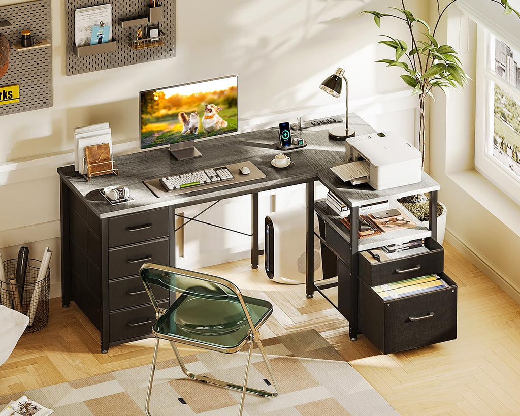 L Shaped Computer Desk with 6 Drawers & Power Outlet, 55 Inch Corner Desk with Reversible Storage Shelf & File Drawer, Home Office Desk, Grey Oak