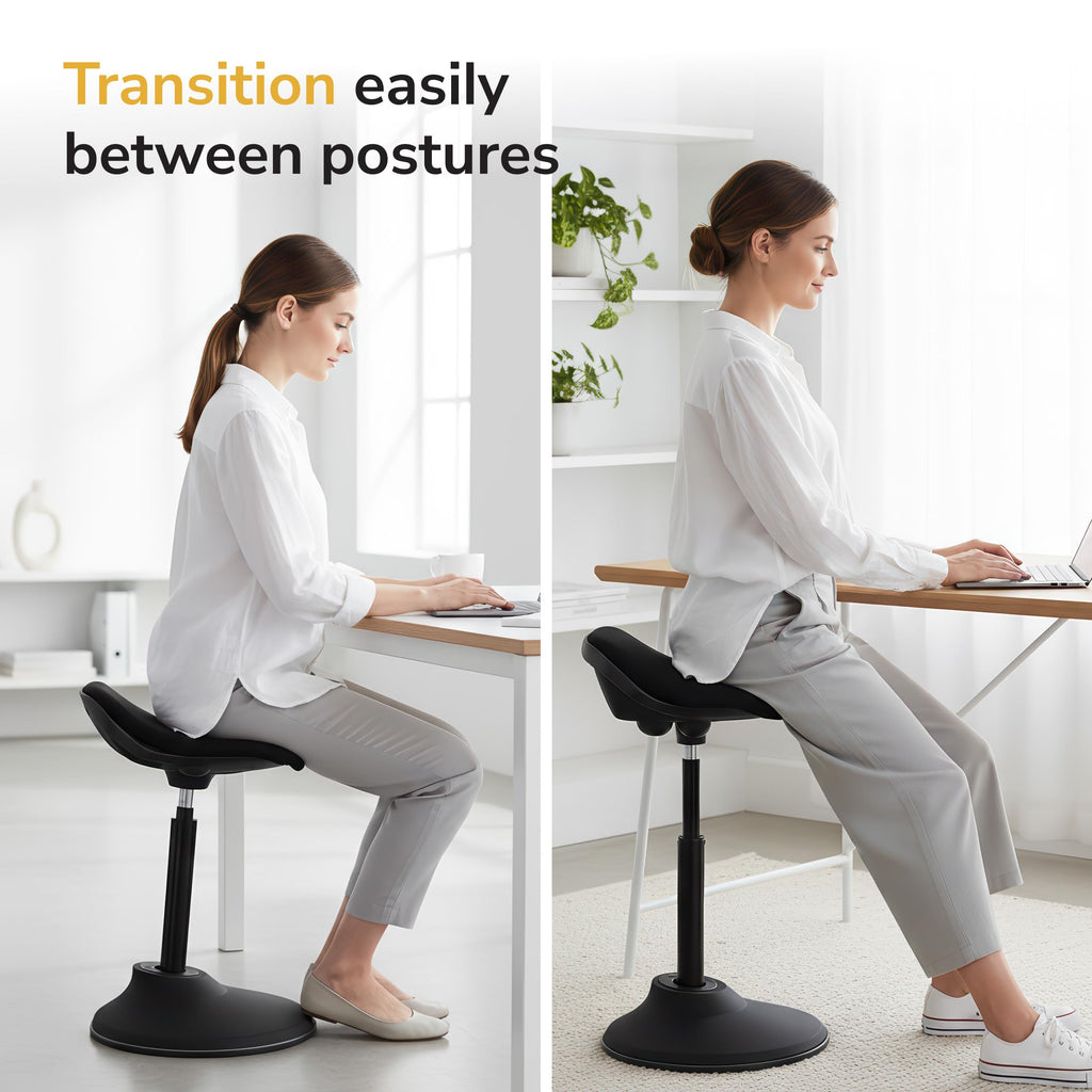 Ergonomic Sit Stand Stool, Height Adjustable Leaning Chair for Standing Desk, 360° Tilting Active Sitting Seat, High-Density Foam Cushion, Non-Slip Weighted Base, Easy Assembly (Black)