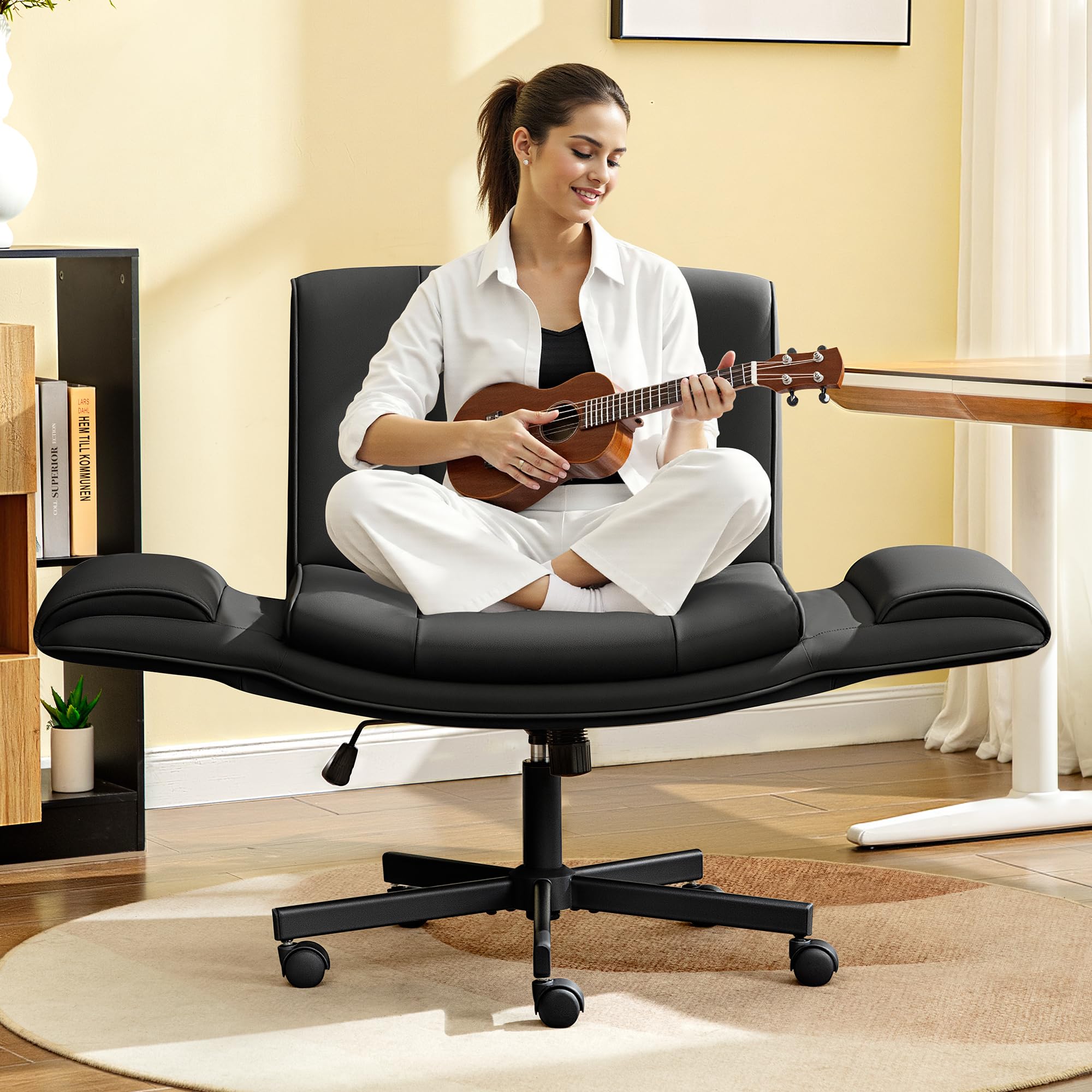Criss Cross Chair with Wheels & Armrests,Comfy Wide Vanity Chair,Scratch-Resistant Pu Leather Cross Legged Desk Chair,Height Adjustable Computer Office Desk Chairs for Home,Makeup,Bedroom
