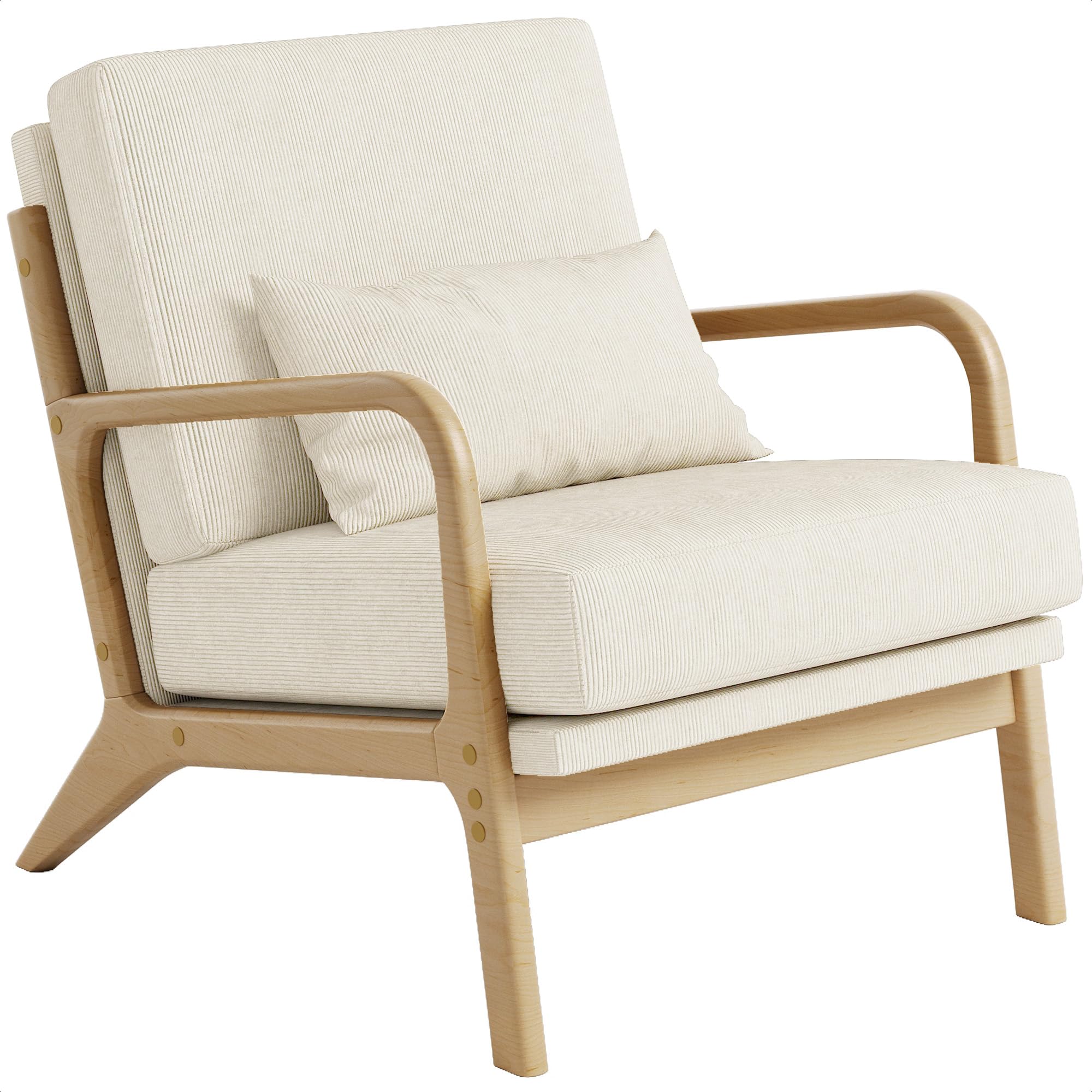 Mid-Century Modern Accent Chair, Armchair with Solid Wood Frame & Lumbar Pillow, Comfy Upholstered Lounge Chair for Office, Bedroom, Corduroy, Beige