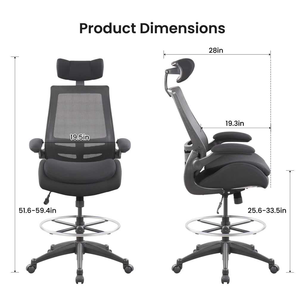 Drafting Chair 400lbs - High Back Ergonomic Office Chair for Standing Desk with Double Thick Seat Cushion, Adjustable Foot Ring, Lumbar Support & Flip Up Armrests (Black)