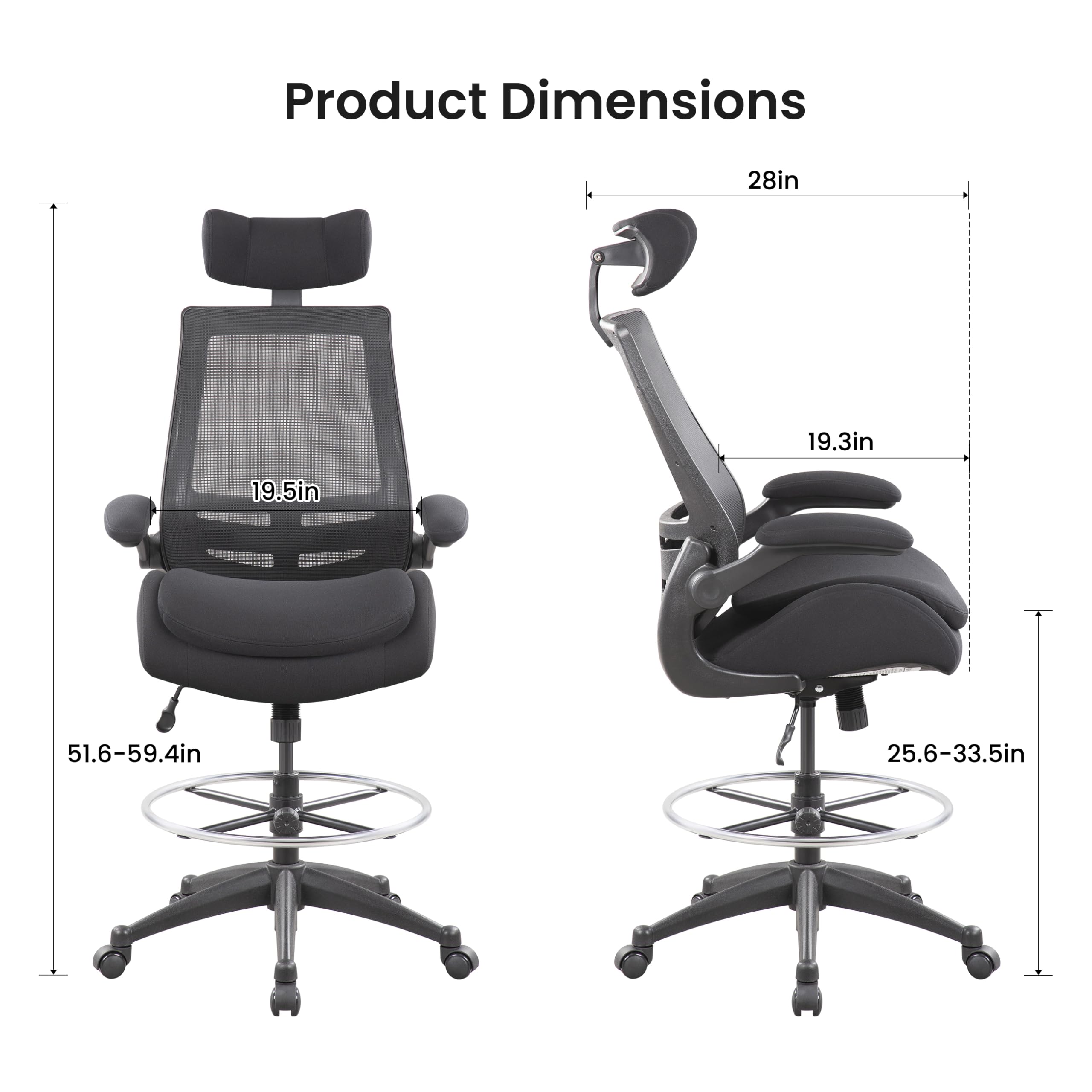 Drafting Chair 400lbs - High Back Ergonomic Office Chair for Standing Desk with Double Thick Seat Cushion, Adjustable Foot Ring, Lumbar Support & Flip Up Armrests (Black)