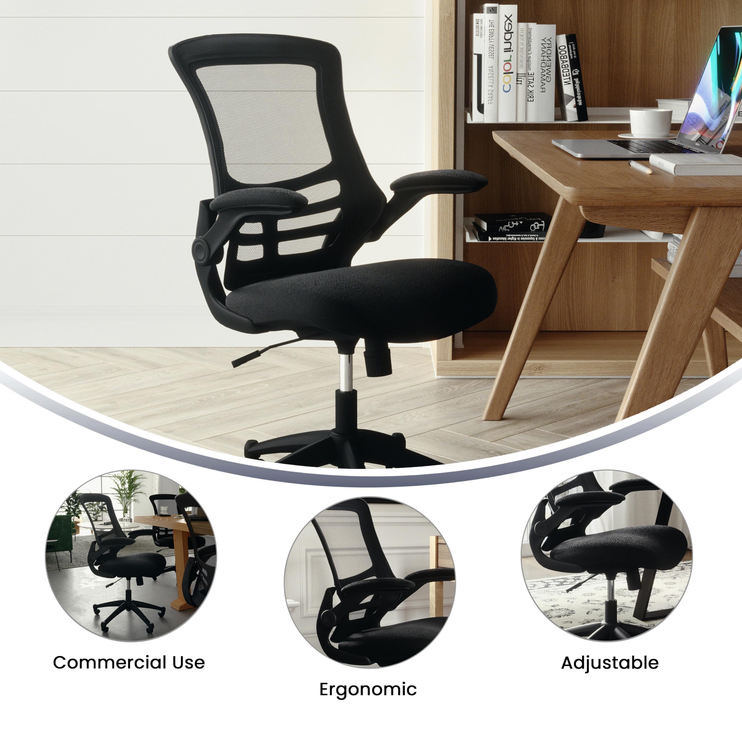 Mid-Back Swivel Office Chair with Adjustable Seat Height, Ergonomic Mesh Desk Chair with Flip-Up Armrests, Black