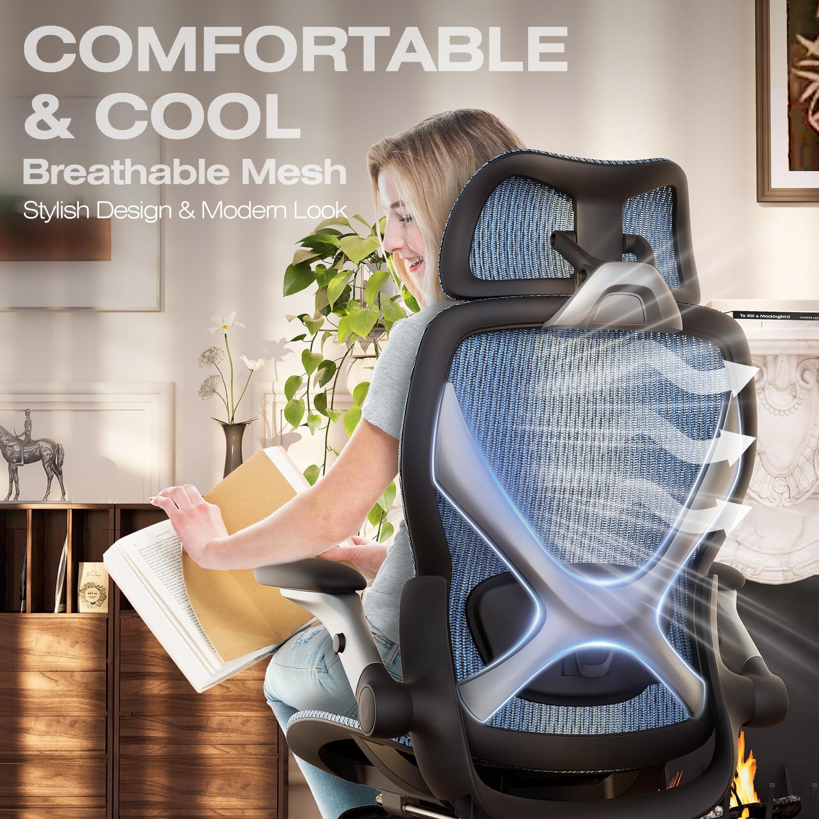 X100 Ergonomic Office Chair with Footrest, Big and Tall Home Desk Chair with 5D Flip-Up Arms, Adjustable 3D Lumbar Support,High Back Rolling Computer Chair, Swivel Mesh Chairs (Oaxaca Blue)