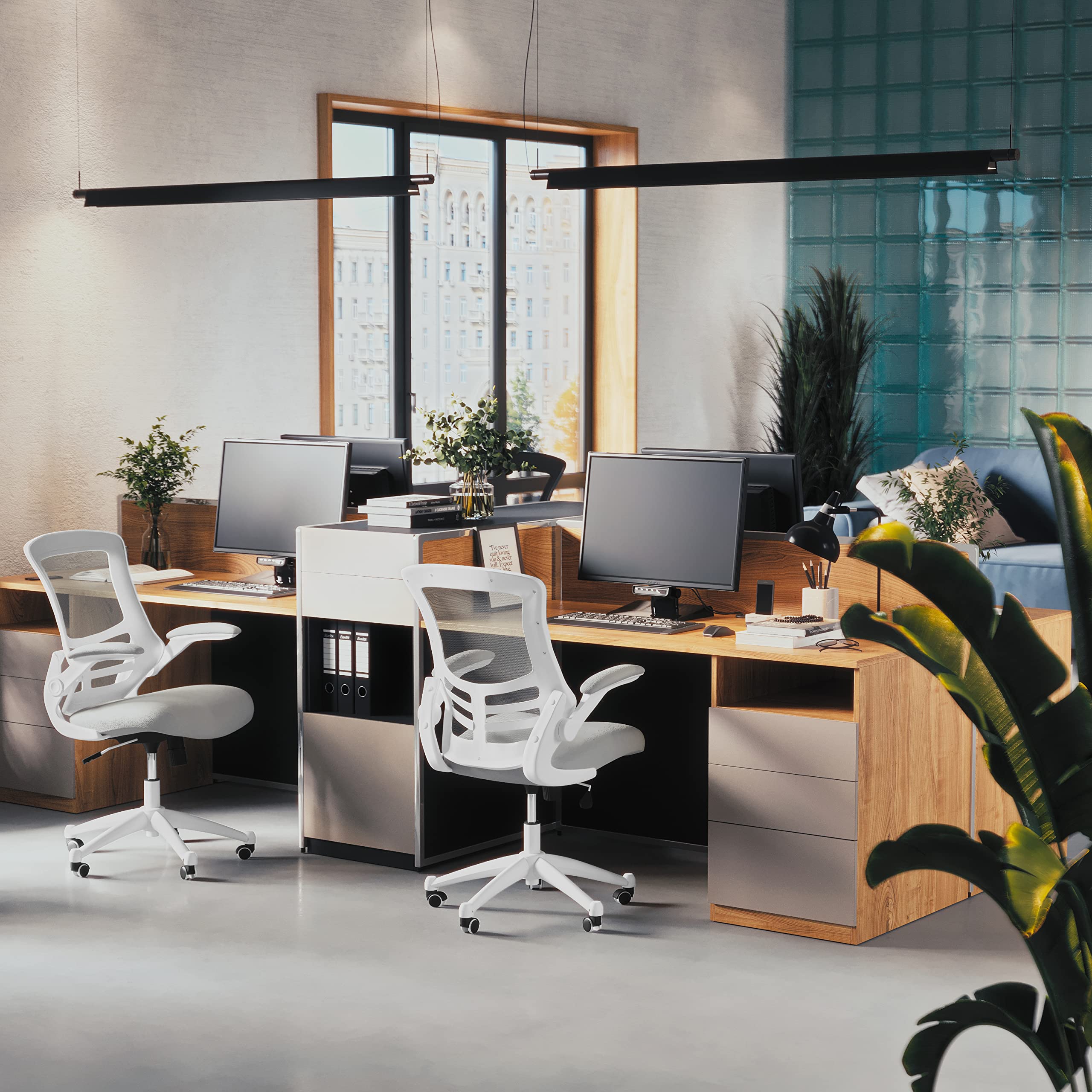 Mid-Back Swivel Office Chair with Adjustable Lumbar Support and Seat Height, Ergonomic Mesh Desk Chair with Flip-Up Armrests, Gray/White
