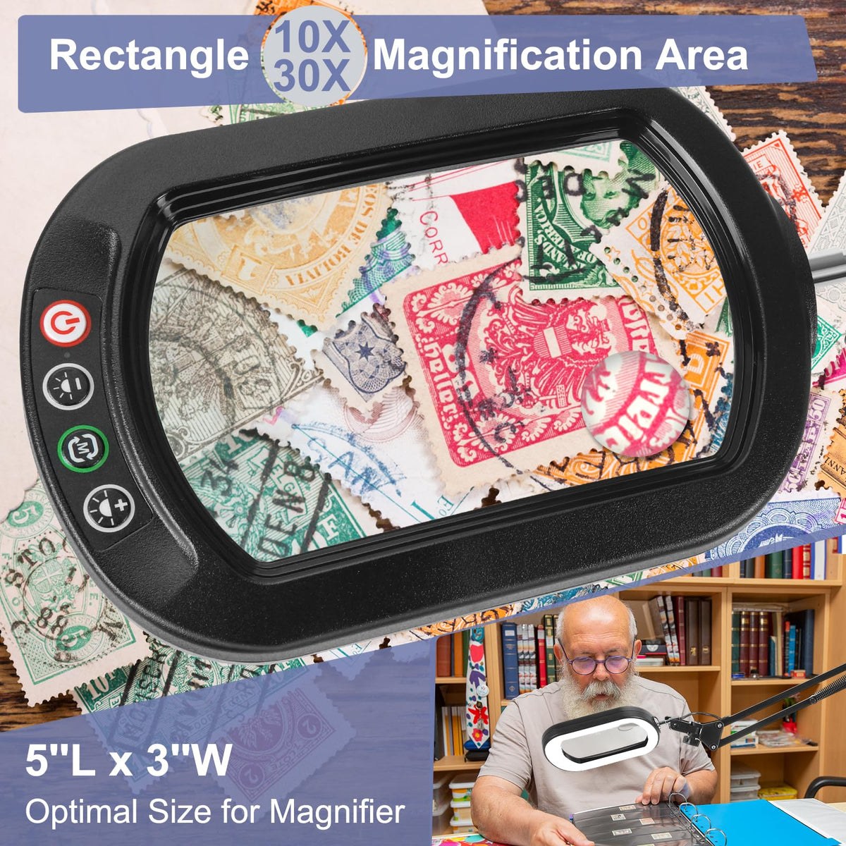 30X 10X Large Magnifying Glass with Light and Clamp, Real Glass, 5 Color Modes, Stepless Dimmable, Lighted Magnifier with Stand Hands Free, LED Swing Arm Desk Lamp for Close Work, Craft, Painting