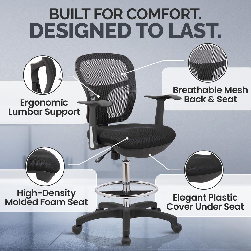 Drafting Chair Tall Office Chair with Arms Executive Ergonomic Standing Desk Chair with Anti Scratch Wheels and Footrest