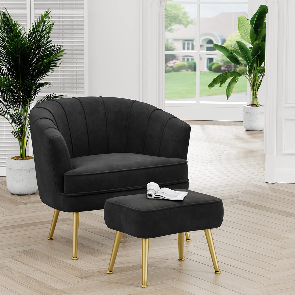 Velvet Accent Chair with Ottoman, Upholstered Modern Single Sofa Side Chair,Comfy Barrel Club Living Room Armchair with Golden Metal Legs for Office Bedroom Living Reading Room , Black