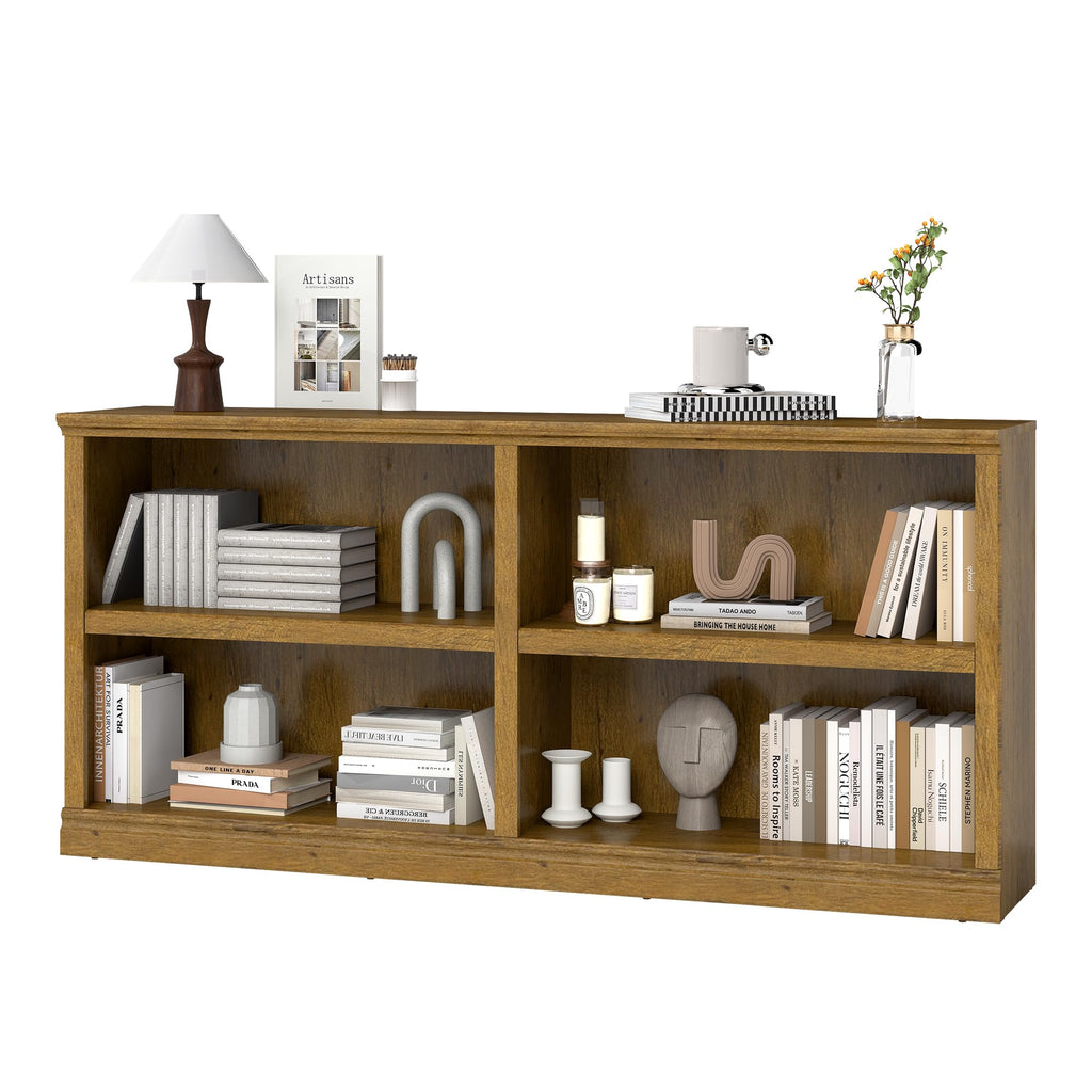 64" W Double Wide Open Shelf Bookcase, 2 Tiers 4 Storage Cube Book Case