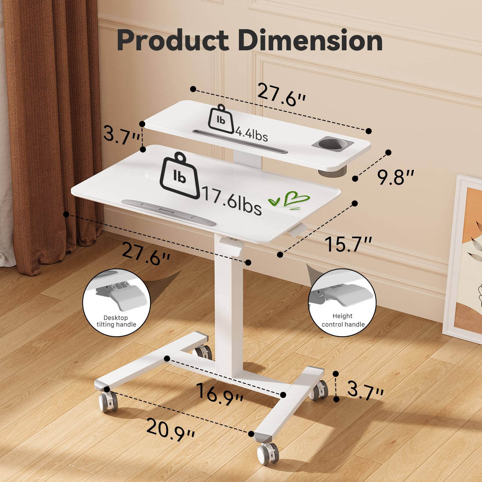 28Inch Glass Mobile Standing Desk On Wheels， Rolling Laptop Stand with Tiltable Desktop， Small Computer Workstation Adjustable Height， 2-Tier Portable Study Table with Storage Shelf， White