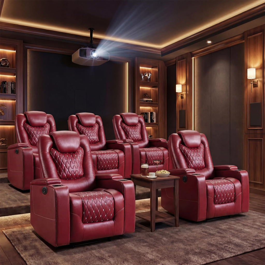 Power Recliner Chair Set of 5, Electric Soft Faux Leather Reclining Home Theater Seating - USB Ports, Cup Holders, Hidden Arm Storage Movie & Media Room Chairs (Red)