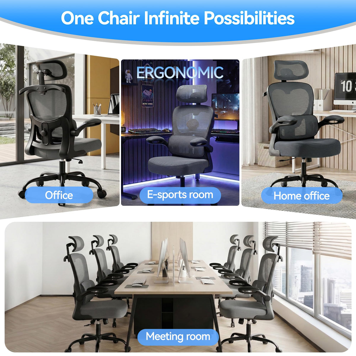 Office Chair Ergonomic Desk Chairs with Adjustable Lumbar Support& Headrest Hanger, High Back Breathable Mesh Chair with Wheels, Rolling Swivel Comfy Task Computer Chair for Home Work Gaming