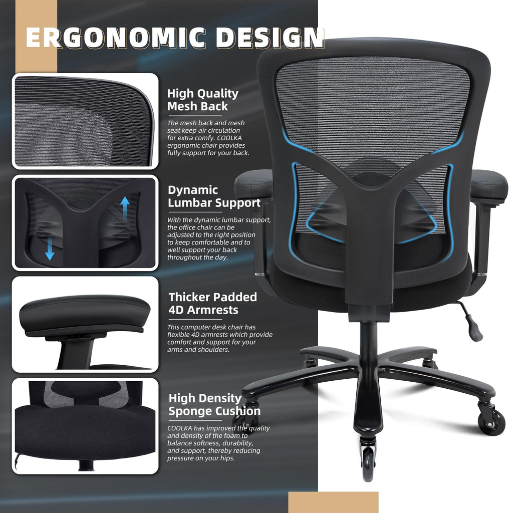 500LBS Big and Tall Office Chair with 4D Armrests & Adjustable Backrest, Heavy Duty Office Chair for Heavy People, Memory Foam Seat Filling Springs, Black