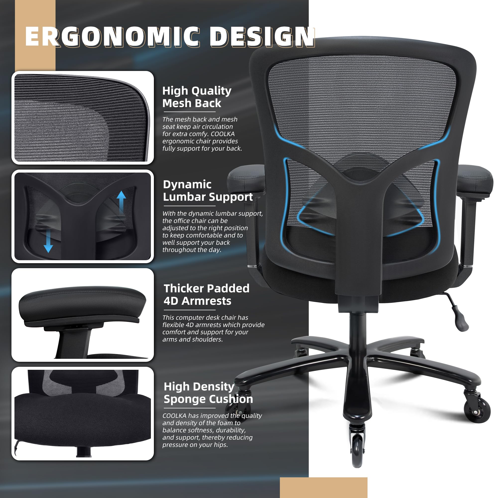 500LBS Big and Tall Office Chair with 4D Armrests & Adjustable Backrest, Heavy Duty Office Chair for Heavy People, Memory Foam Seat Filling Springs, Black