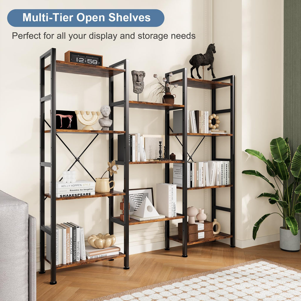 Triple Column 4 Tier Bookshelf, Wide Industrial Bookcase, Brown