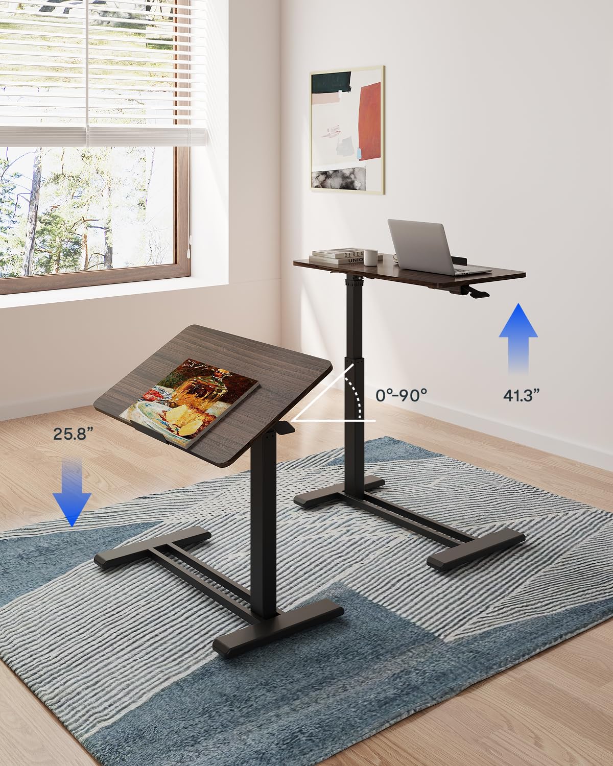 H7 PRO Mobile Standing Desk Adjustable Overbed Table Pneumatic with Wheels 90°Tiltable Portable Laptop Desk Rolling Computer Cart Foldable Bedside Table(31.5" W x 17.7" D, Rustic Brown)