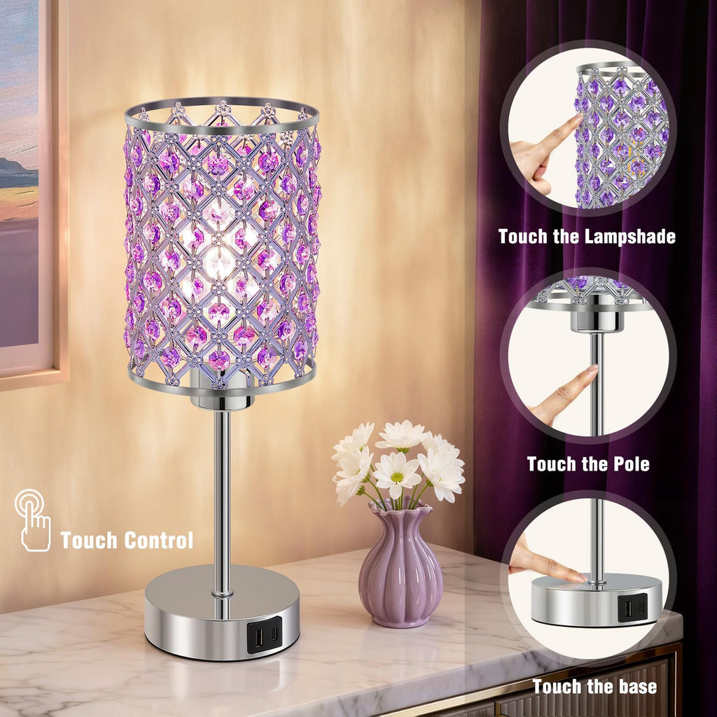 Crystal Table Lamp, Purple Touch Lamp with USB C+A Port, 3-Way Dimmable