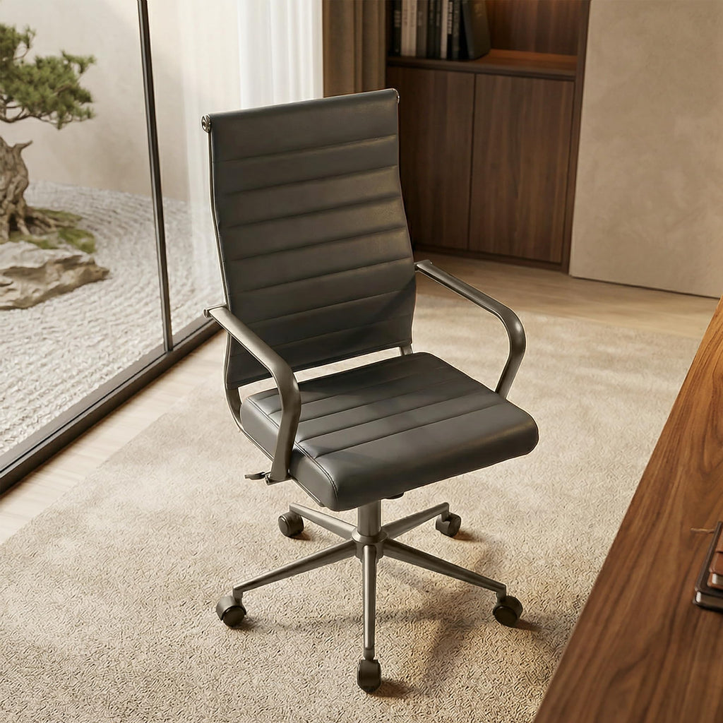 Leather Office Desk Chair, Ergonomic Mid Century Modern Conference Room Chairs, Executive Ribbed Height Adjustable Swivel Rolling Chair for Home Office.