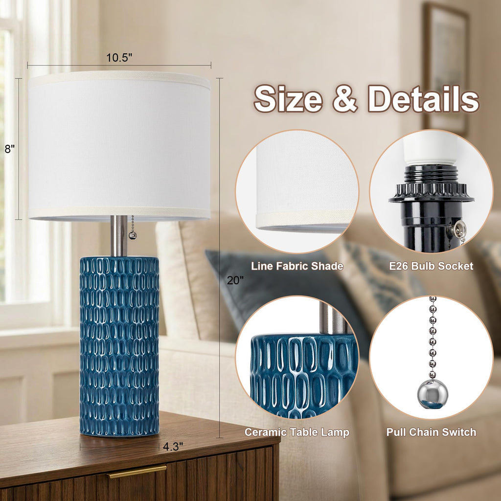 20” Modern Table Lamps Set of 2, Lamps for Bedroom, Blue