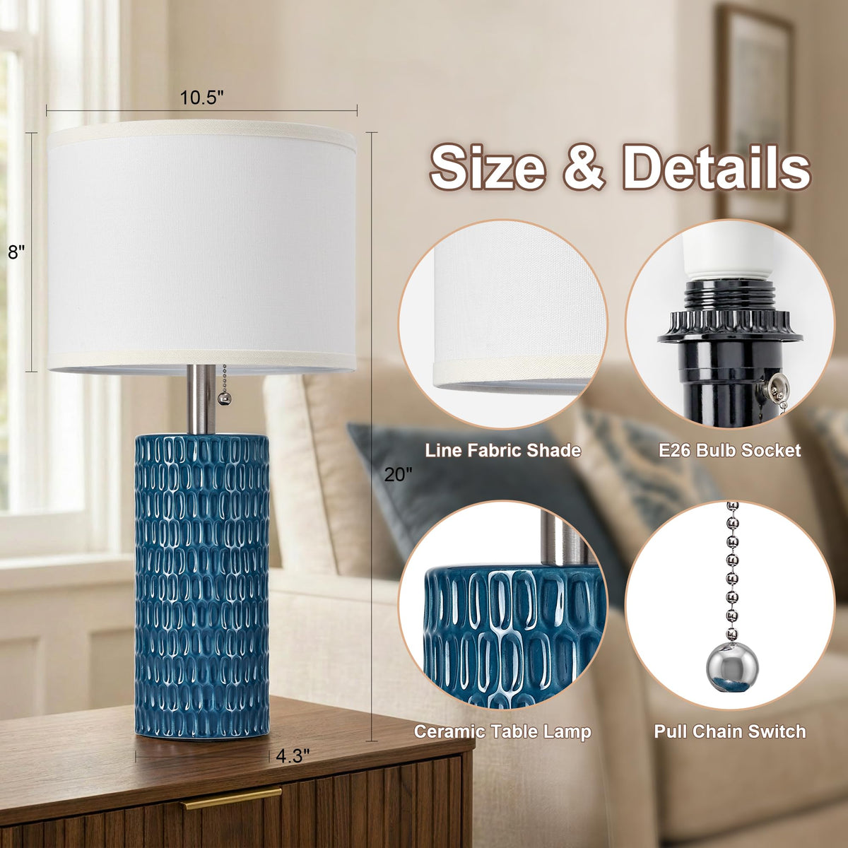 20” Modern Table Lamps Set of 2, Lamps for Bedroom, Blue