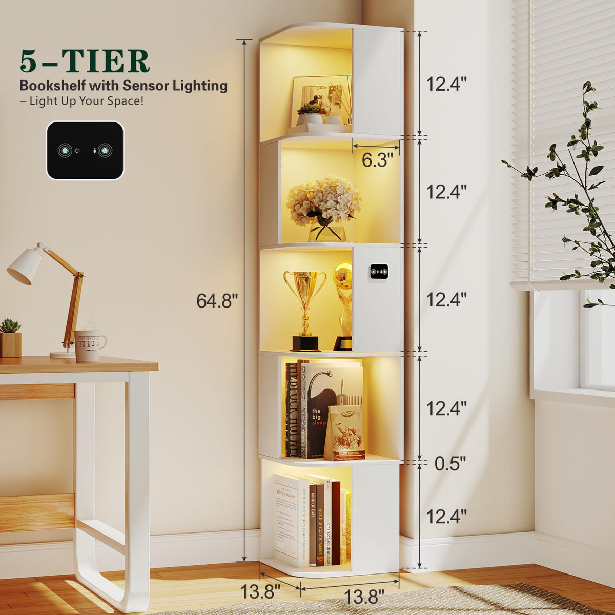 5 Shelf Bookcase - Corner Bookshelf with 3 Colors LED Sensor Lights Modern Cube Storage Organizer for Lego Books Living Room Study Bedroom - Ideal Gift (White)