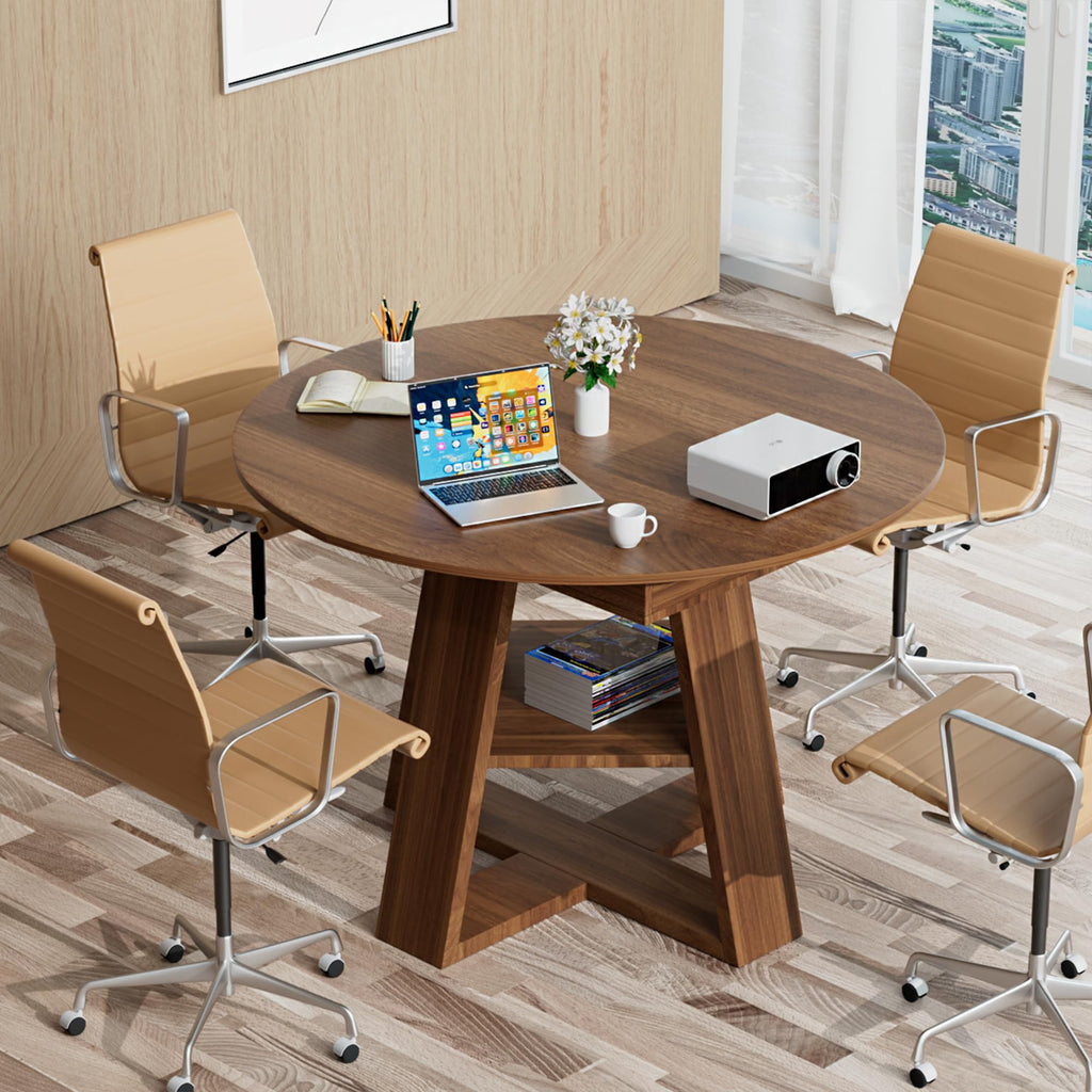 43.3in-59in Extendable Round Conference Table for 4-6 People,Wooden Oval Meeting Room Table with Removable Leaves,Space Saving,Office Table with Storage Shelf for for Office Conference Room