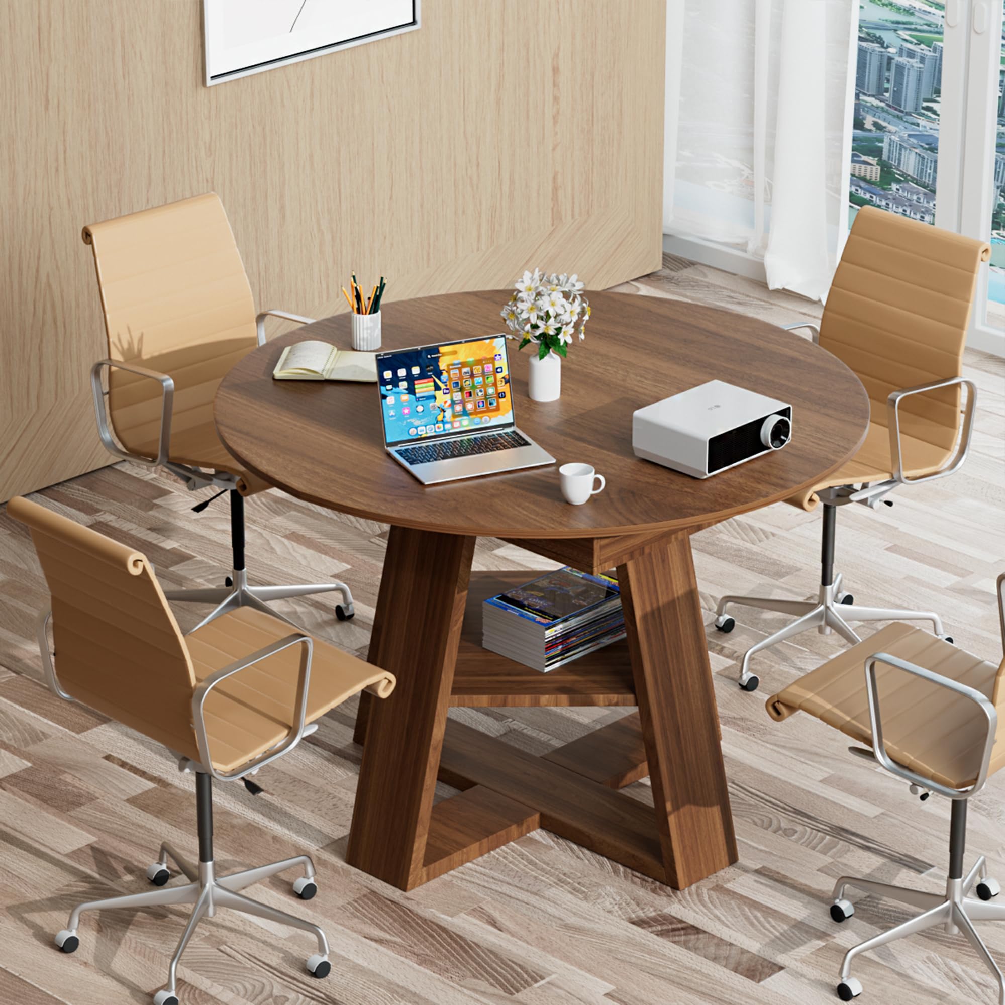 43.3in-59in Extendable Round Conference Table for 4-6 People,Wooden Oval Meeting Room Table with Removable Leaves,Space Saving,Office Table with Storage Shelf for for Office Conference Room
