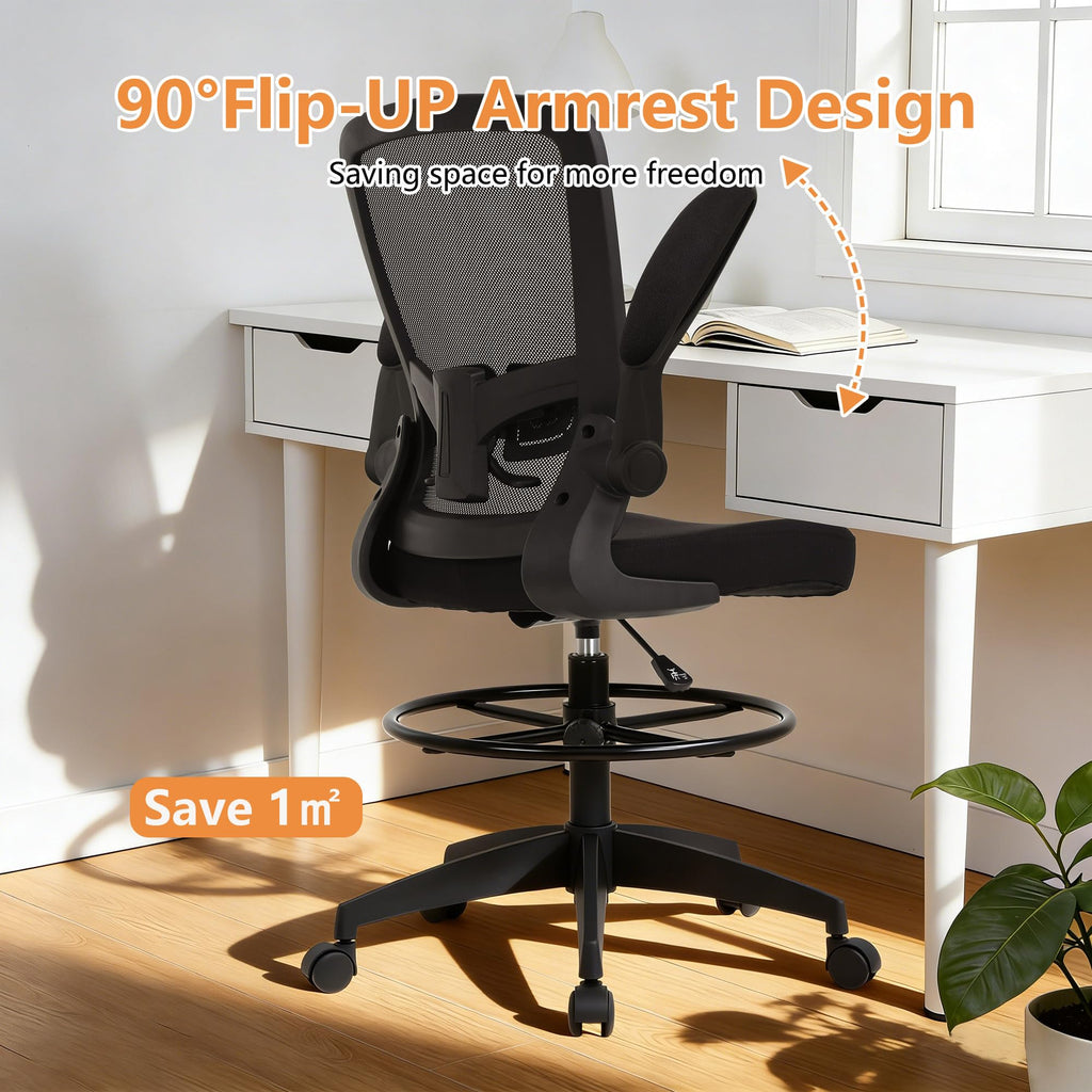 Drafting Chair Tall Office Chair Adjustable Height with Lumbar Support Flip Up Arms Footrest Mid Back Task Mesh Desk Chair Computer Chair Drafting Stool for Standing Desk