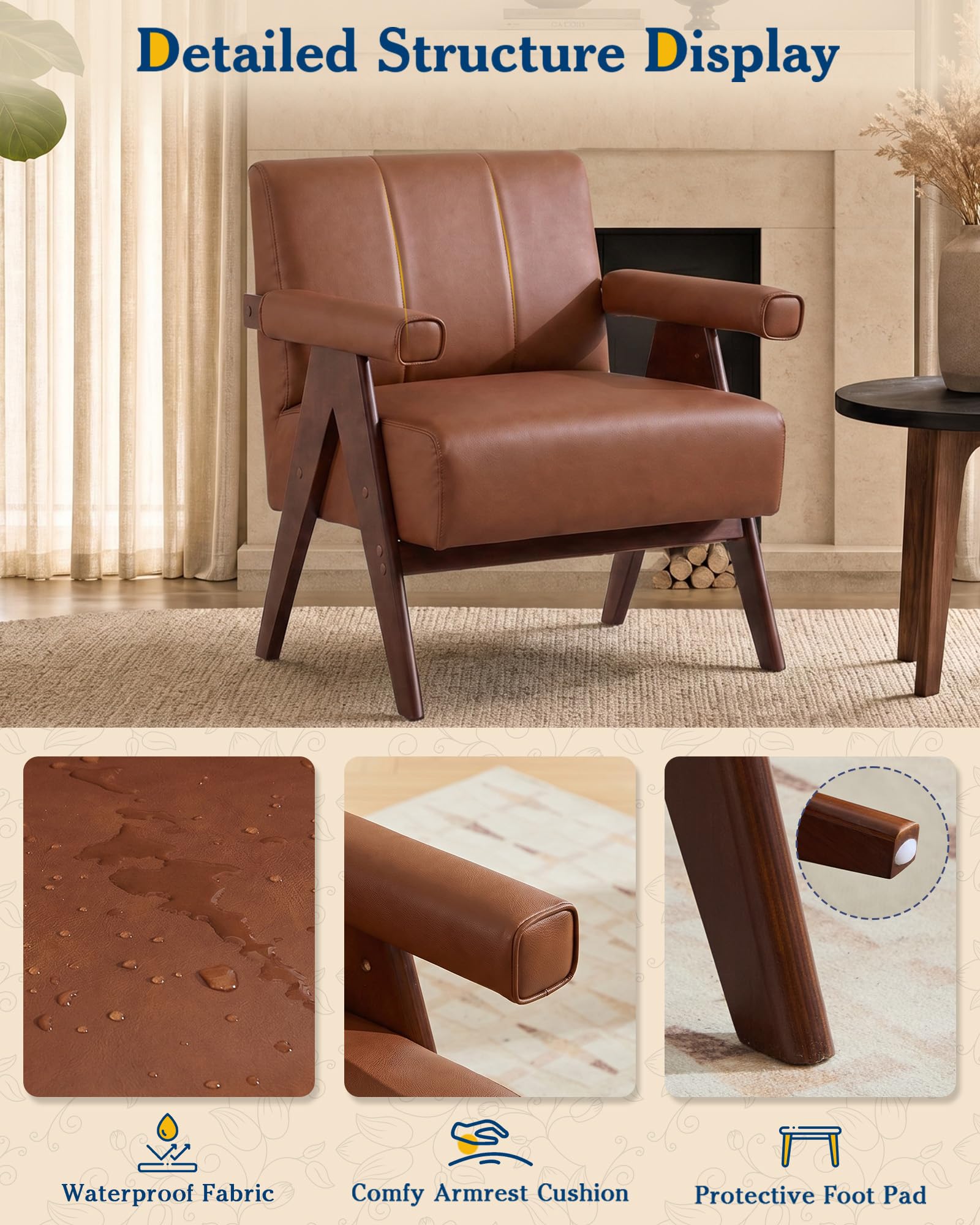 Mid Century Modern Accent Chairs Set of 2, Solid Wood Frame Brown Leather Armchairs, Modern Reading & Living Room Chairs for Office Guest & Waiting Room