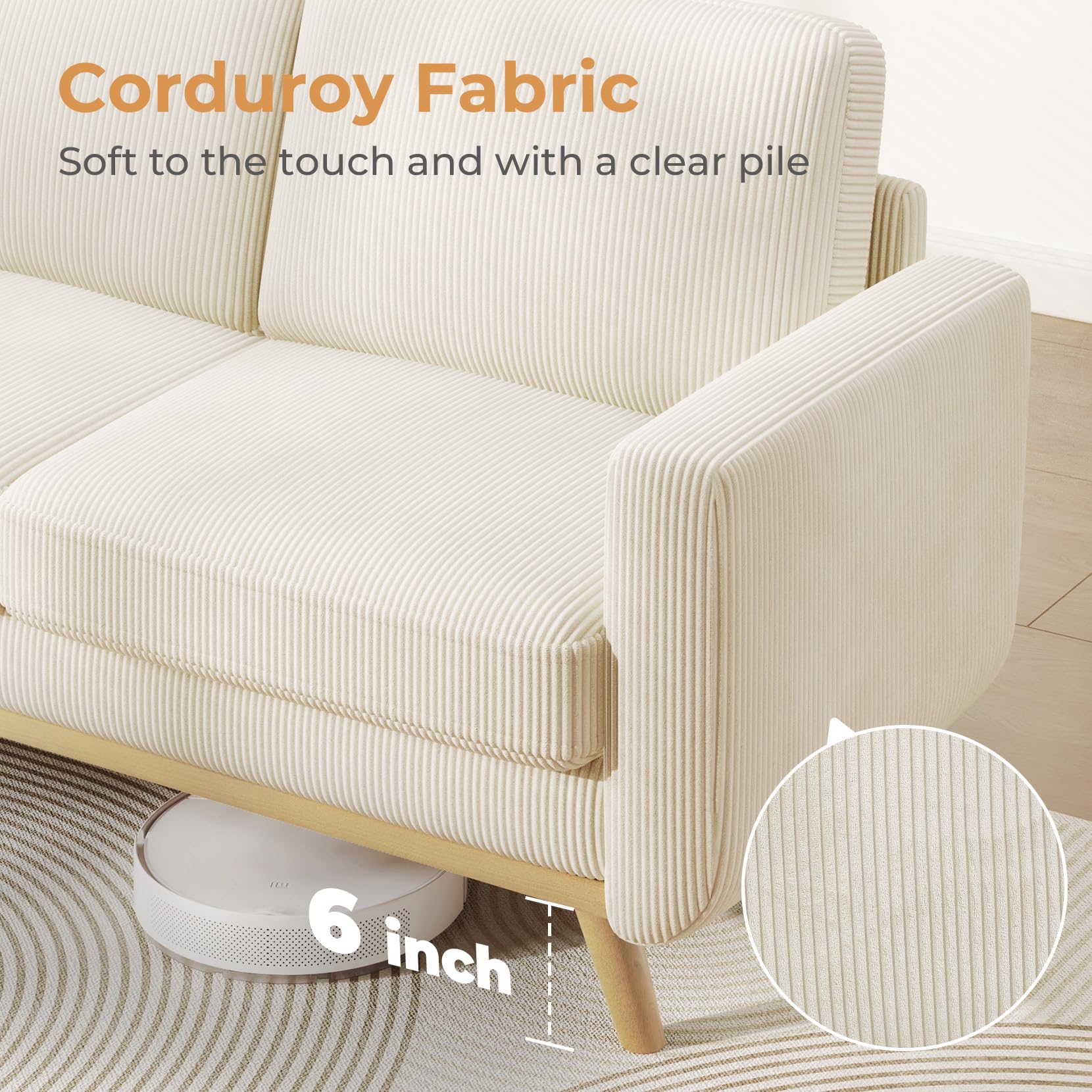 68" Loveseat Sofa Beige, Comfy Corduroy Couch with Spring Cushion, Modern Sofa with Deep Seat, for Bedroom & Living Room