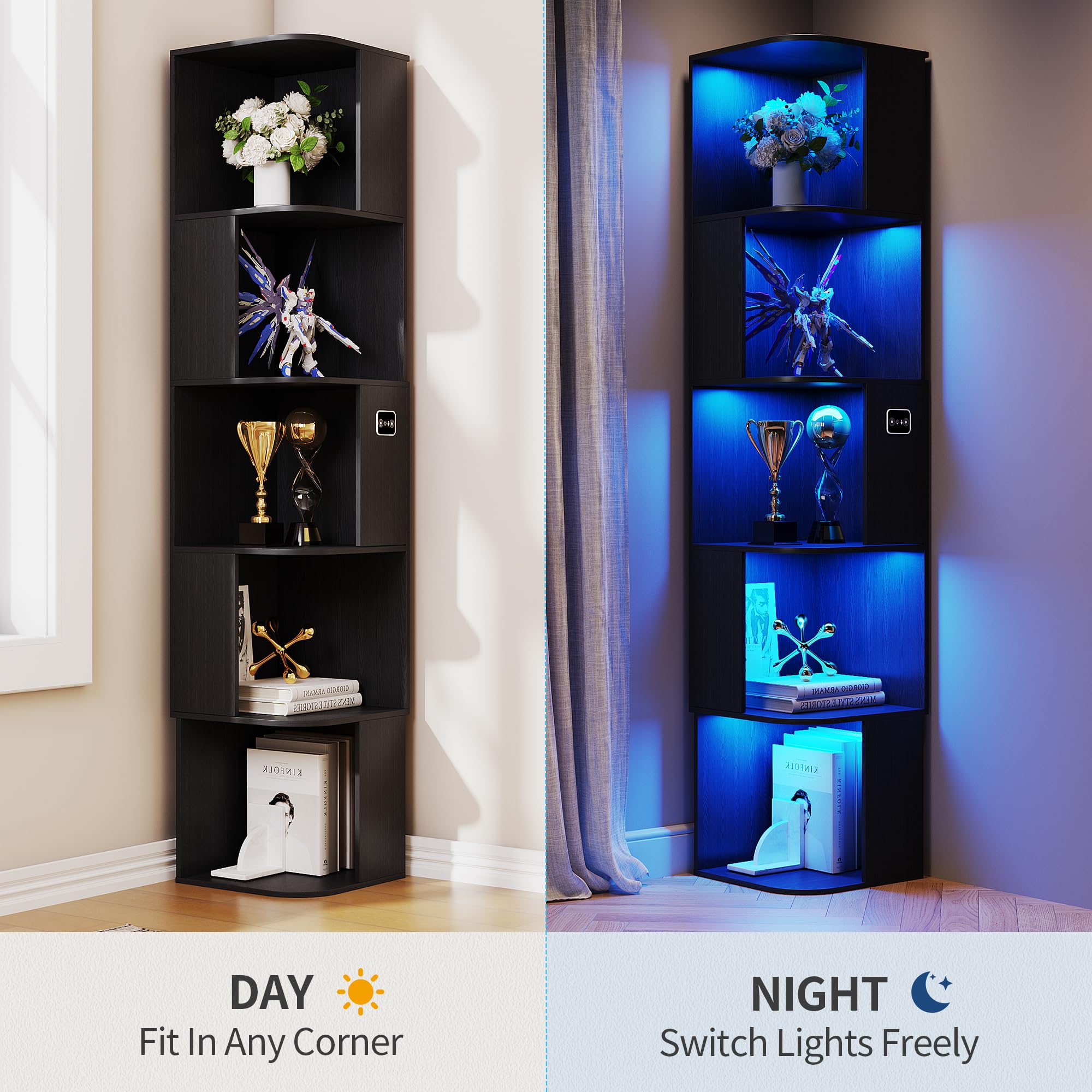 Modular LED Bookshelf with Motion Sensor and USB Charging - Natural Wood