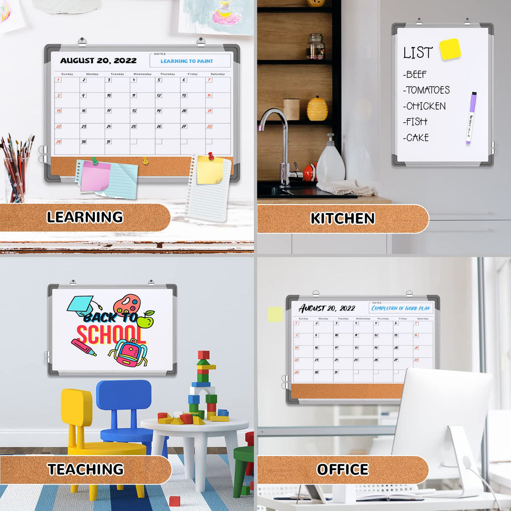 Monthly Calendar Whiteboard for Wall, 17x13 Inches Dry Erase Board with Cork Board Combo, Small Magnetic White Board, Double-Sided Hanging Portable Board for Office School Home Kitchen Planner Memo