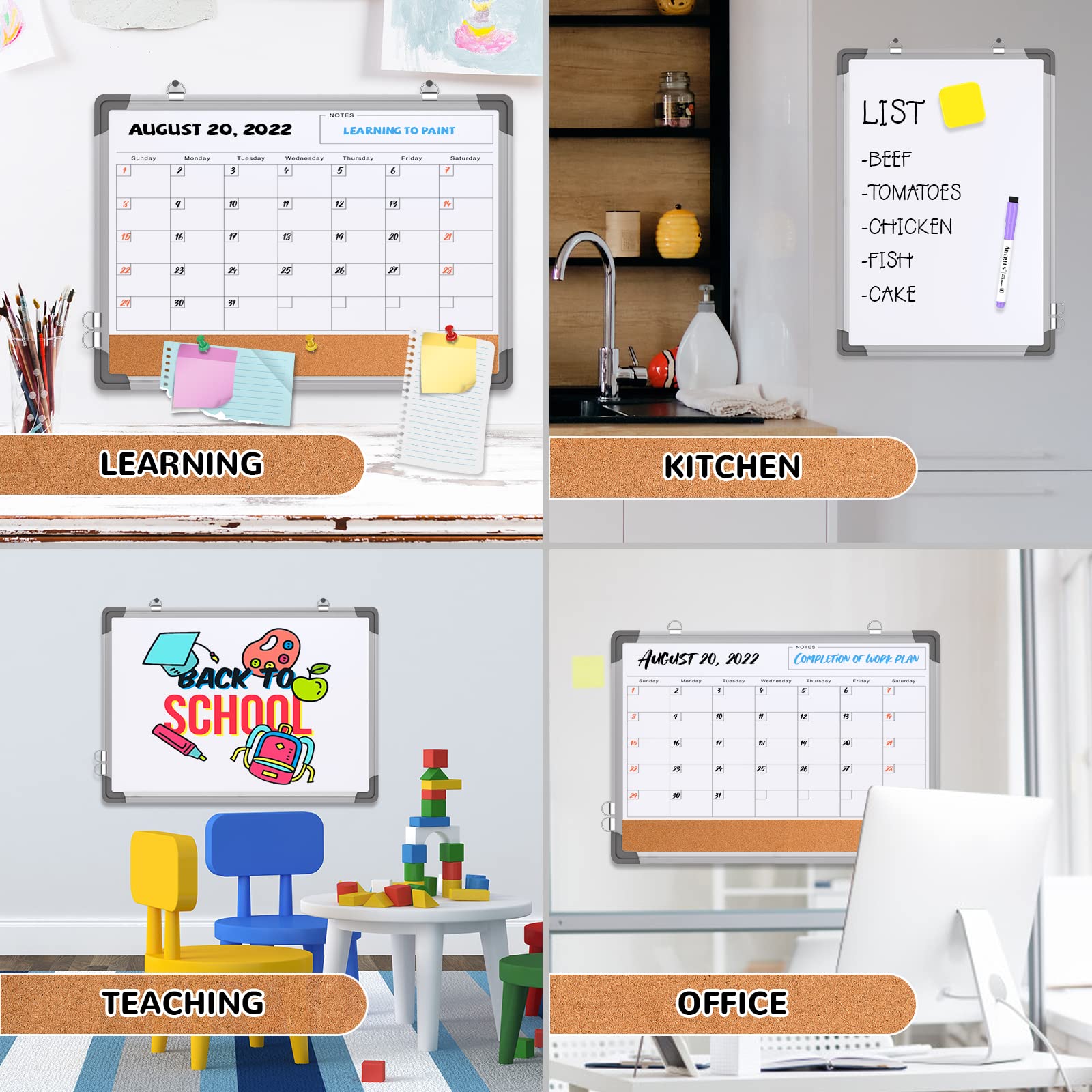 Monthly Calendar Whiteboard for Wall, 17x13 Inches Dry Erase Board with Cork Board Combo, Small Magnetic White Board, Double-Sided Hanging Portable Board for Office School Home Kitchen Planner Memo