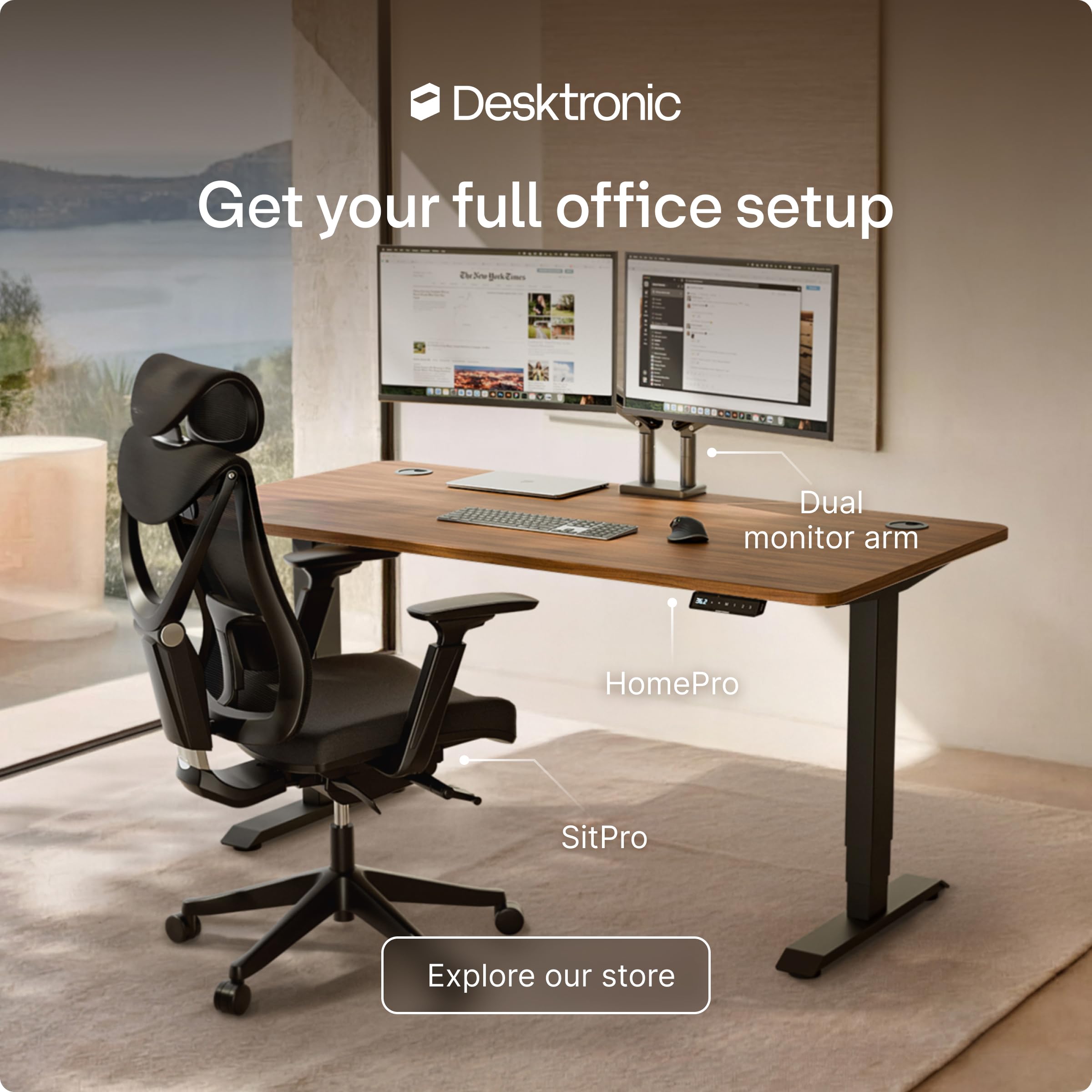 Standing Desk 48x24 — Made in Europe, Ergonomic Sit Stand Home Office Desk, Electric Height Adjustable, Dual Motor, USB & USB-C Charging, Wobble-Free, Touchscreen, 3 Memory Presets