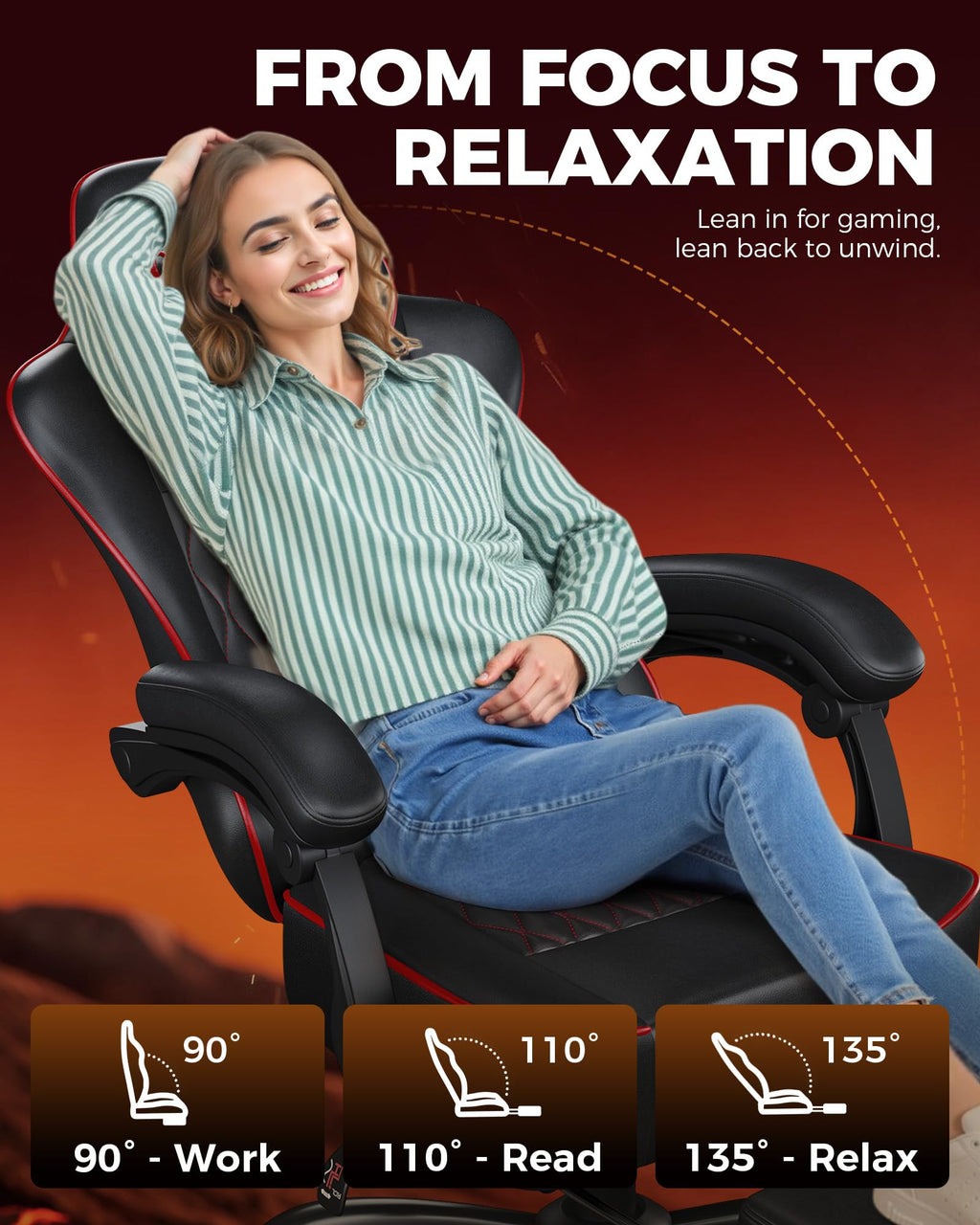 Gaming Chair, Computer Office Chair with Pocket Spring Cushion, Linkage Armrests, Comfortable Leather Computer Chair, Black & Red